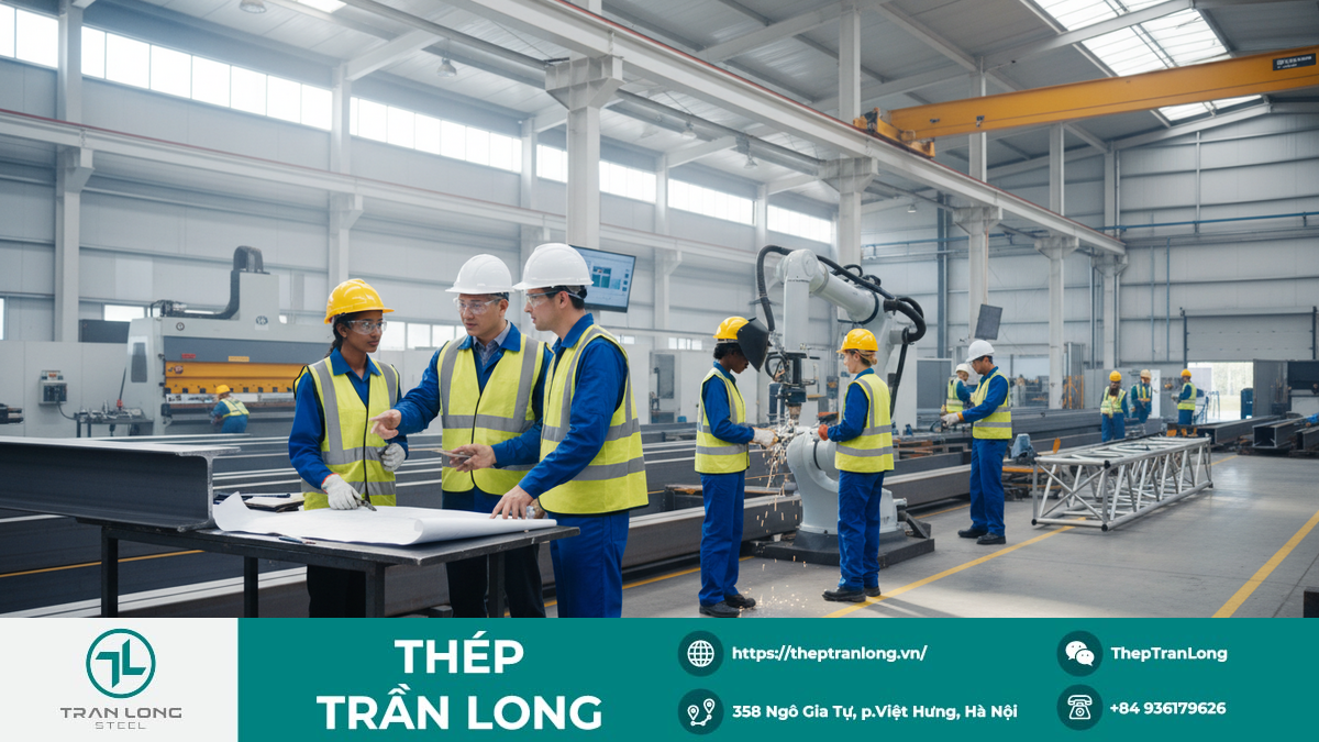 Nhóm công nhân đa dạng trong nhà máy thép hiện đại, một số thảo luận bản vẽ, một số vận hành máy, thể hiện sự đóng góp kinh tế và sự hỗ trợ toàn diện cho ngành.