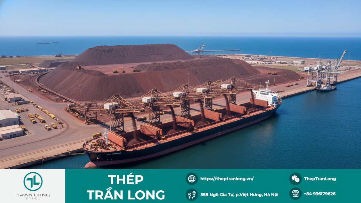 Hình ảnh tàu lớn đang được chất đầy quặng sắt tại một cảng biển hiện đại, minh họa nguồn cung quặng sắt toàn cầu gia tăng