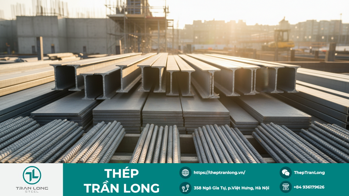 Các loại thép xây dựng tại công trường Việt Nam Thép hình, thép tấm và thép xây dựng được lưu trữ trên công trường.