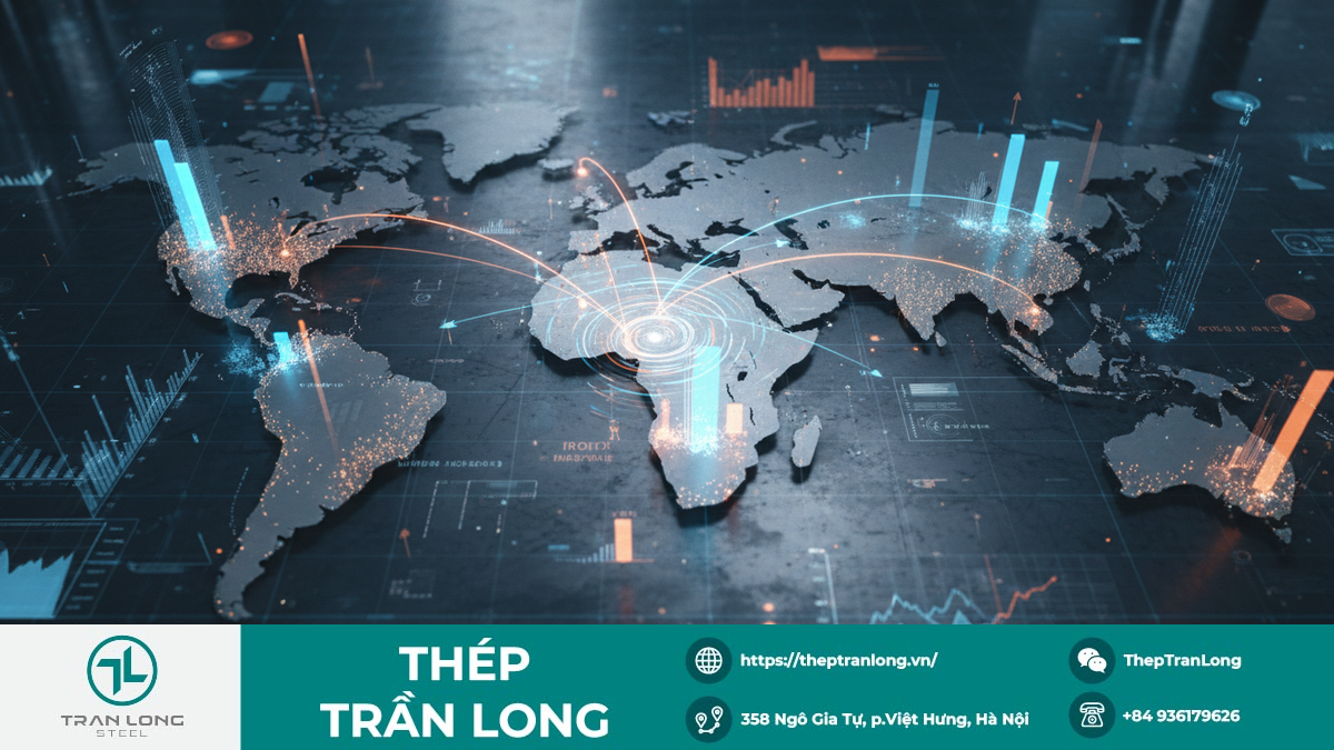 Bản đồ thương mại thép và quặng sắt toàn cầu với biểu đồ phân tích