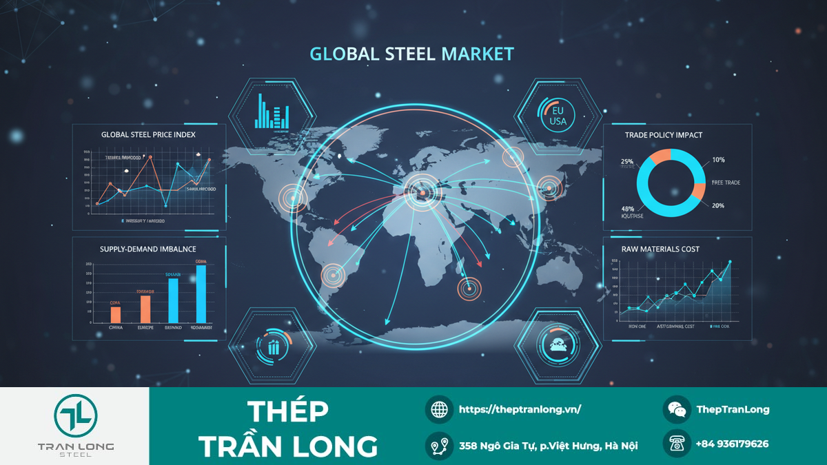 Biểu đồ thông tin kỹ thuật số phức tạp về thị trường thép toàn cầu, thể hiện các tuyến thương mại, biến động giá và ảnh hưởng của chính sách thuế quan, minh họa sự phức tạp của thị trường.