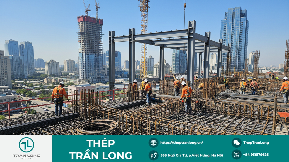 Ứng Dụng Thép Trong Xây Dựng Công Trình Đô Thị Hiện Đại Cảnh công trường xây dựng tòa nhà cao tầng với kết cấu thép và cốt thép đang được lắp đặt