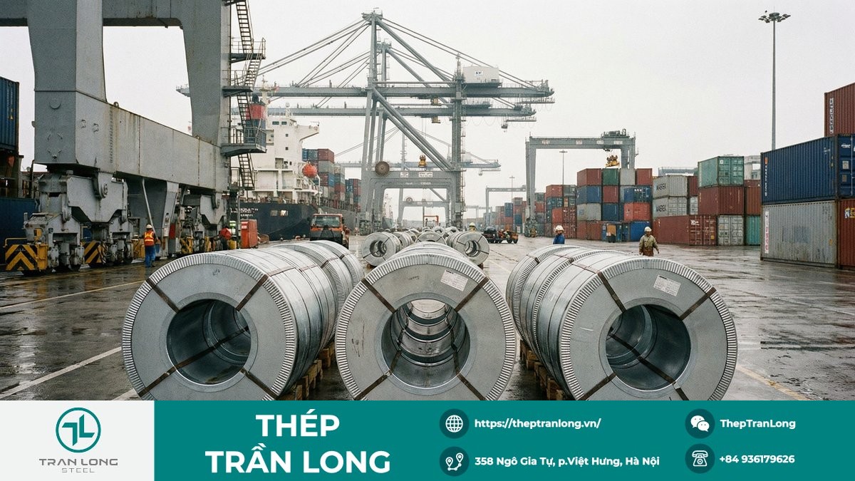 Cuộn thép tại cảng biển minh họa xu hướng xuất khẩu thép Trung Quốc tăng trong 9 tháng năm 2025