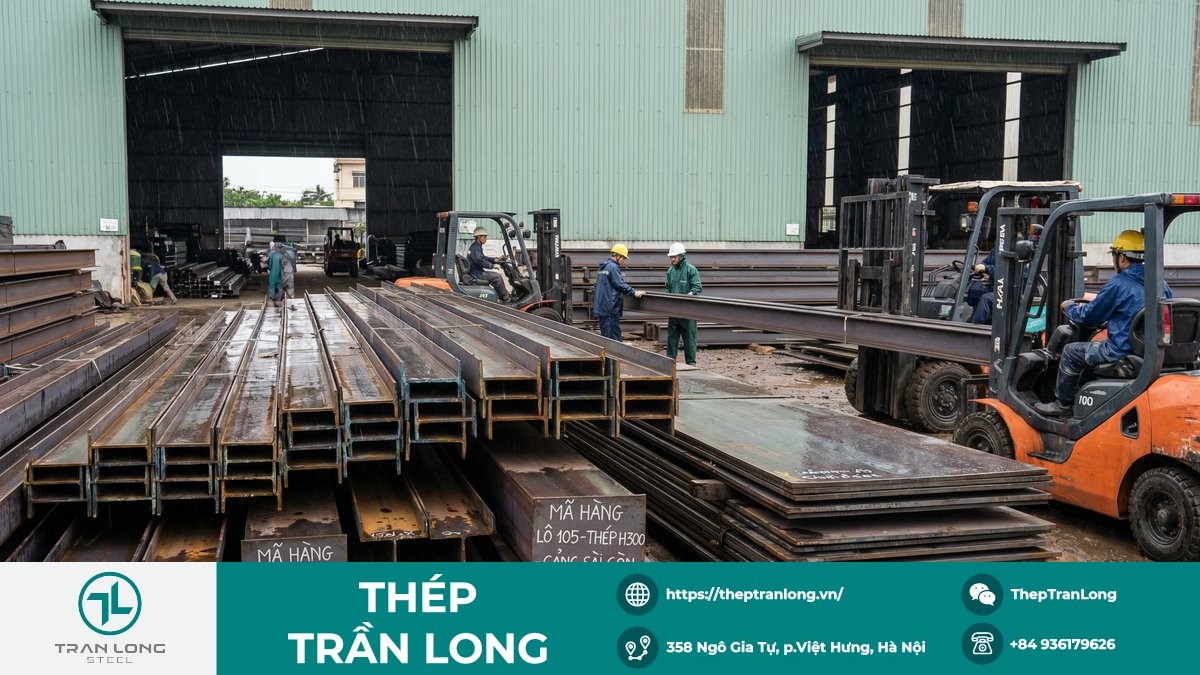 Kho thép hình và thép tấm cho thấy vai trò doanh nghiệp phân phối như Thép Trần Long trong chuỗi cung ứng thép công nghiệp