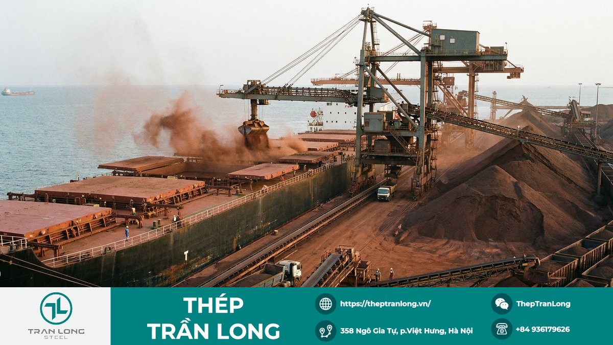Nhập khẩu quặng sắt của Trung Quốc tăng trong năm 2025 Tàu hàng rời bốc dỡ quặng sắt tại cảng, minh họa xu hướng nhập khẩu tăng năm 2025