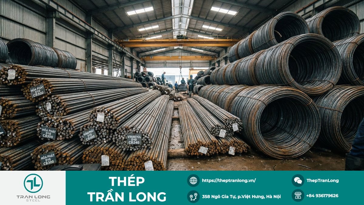 Giá thép xây dựng trong nước bình ổn đến 26/1/2026 Thép xây dựng dạng cây và cuộn tại kho, minh họa mặt bằng giá trong nước ngày 26/1/2026