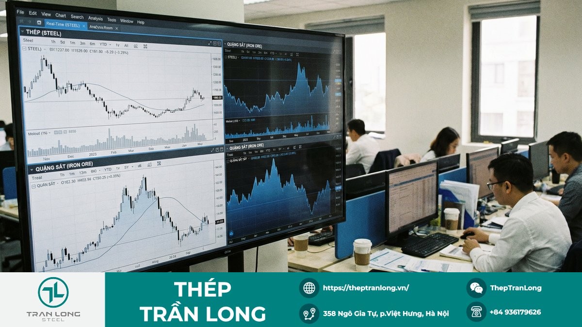 Màn hình hiển thị diễn biến giá thép và quặng sắt kỳ hạn trên các sàn châu Á