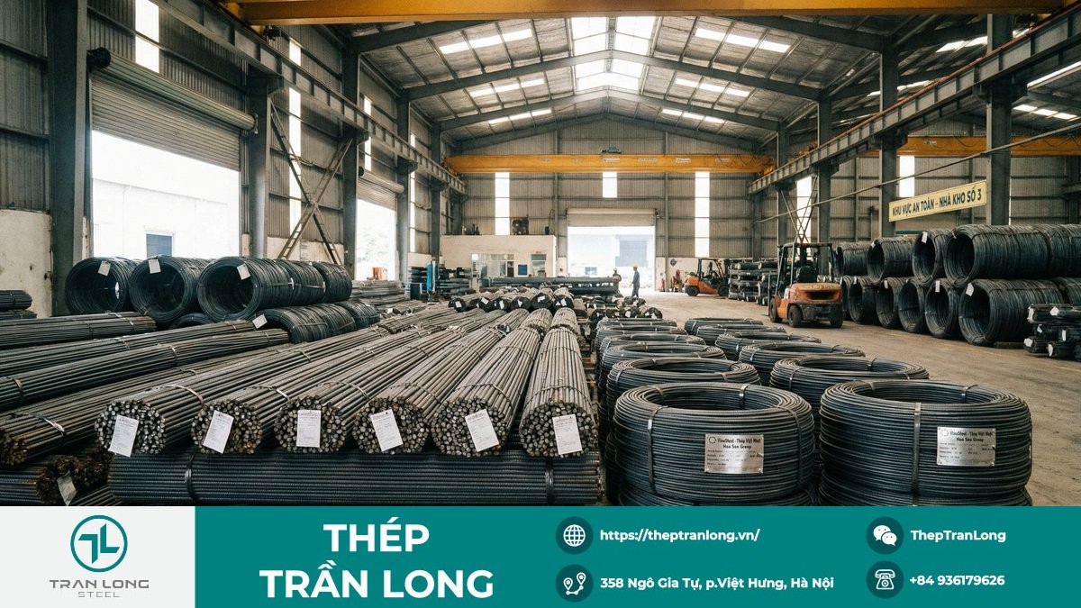 Bó thép cây và thép cuộn tại kho thép xây dựng