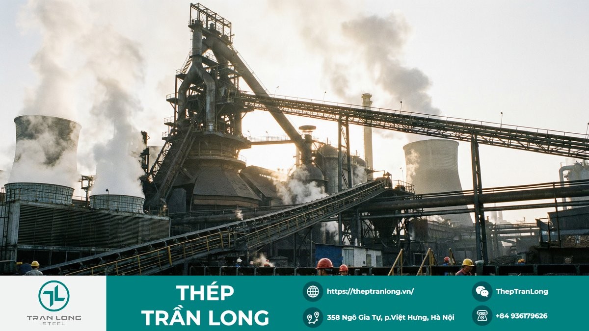 Nhà máy thép Trung Quốc điều chỉnh vận hành trước kỳ nghỉ Tết Toàn cảnh nhà máy thép với lò cao, phản ánh hoạt động sản xuất trước kỳ nghỉ Tết Nguyên đán