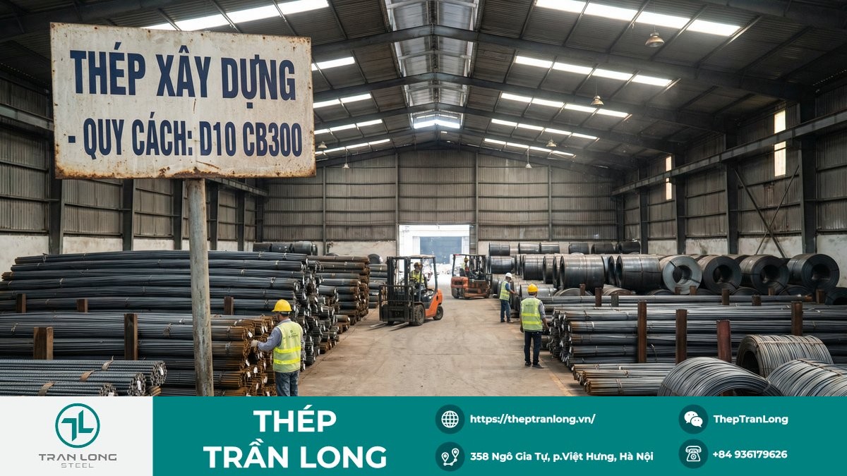 Giá thép xây dựng trong nước bình ổn ngày 6/2/2026 Kho thép xây dựng với thép cuộn và thép thanh gân, phản ánh mặt bằng giá bình ổn trong nước