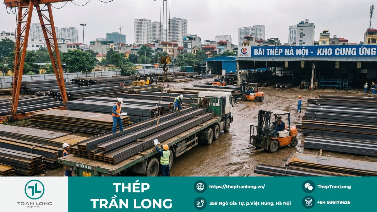 Chuỗi cung ứng thép theo sát biến động thị trường Hoạt động logistics và kiểm đếm thép tại kho bãi, thể hiện vai trò doanh nghiệp phân phối trong chuỗi cung ứng