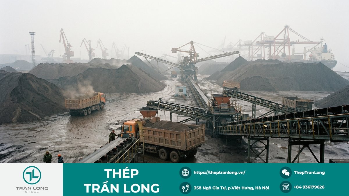 Bãi chứa quặng sắt quy mô lớn tại cảng, phản ánh tồn kho tăng cao