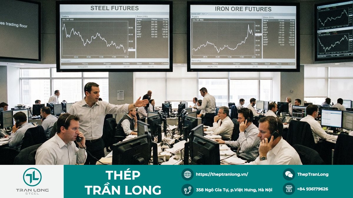 Màn hình giao dịch hiển thị biến động giá thép và quặng sắt kỳ hạn