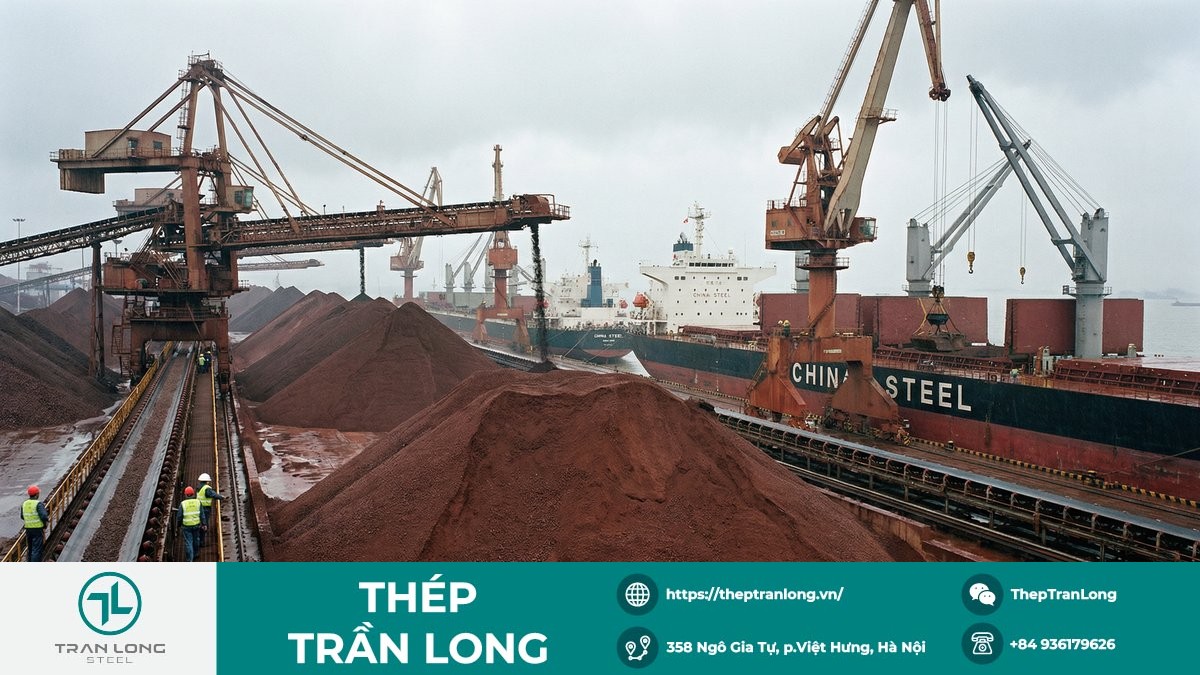 Bãi quặng sắt tại cảng với cần cẩu và tàu hàng bốc dỡ