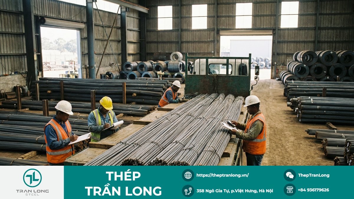 Bó thép cây tại kho hàng, phản ánh nguồn cung thép xây dựng