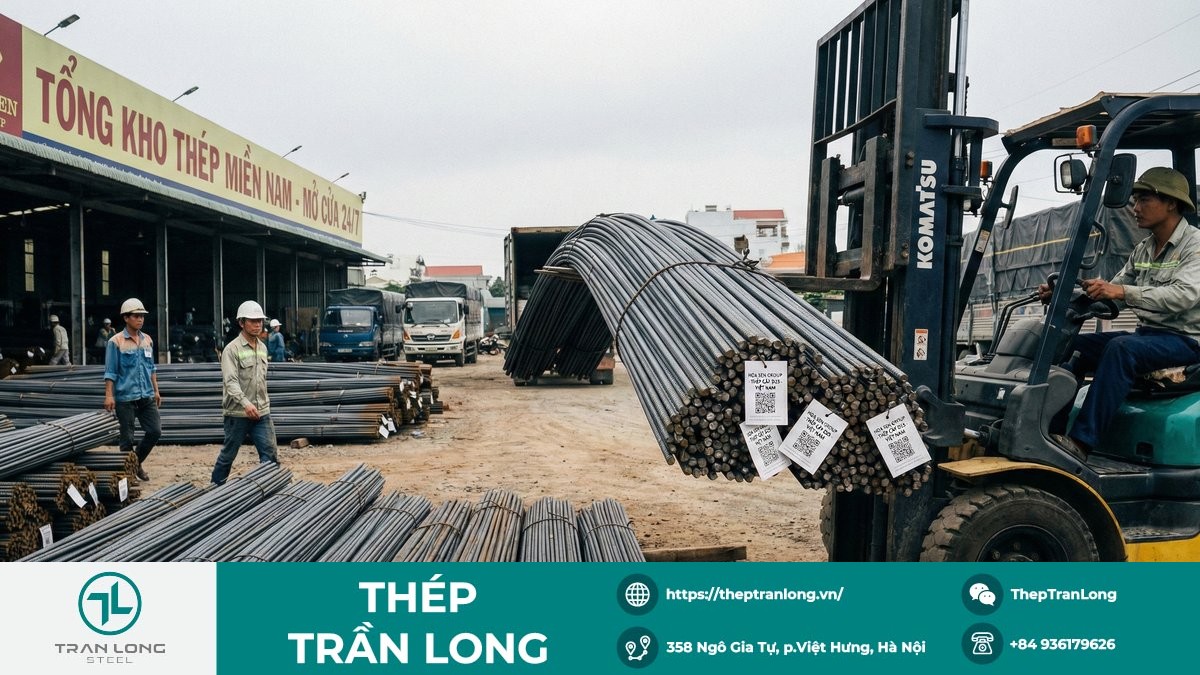 Giá thép xây dựng trong nước ổn định Thép xây dựng tại kho hàng, phản ánh mặt bằng giá ổn định ngày 14/2/2026