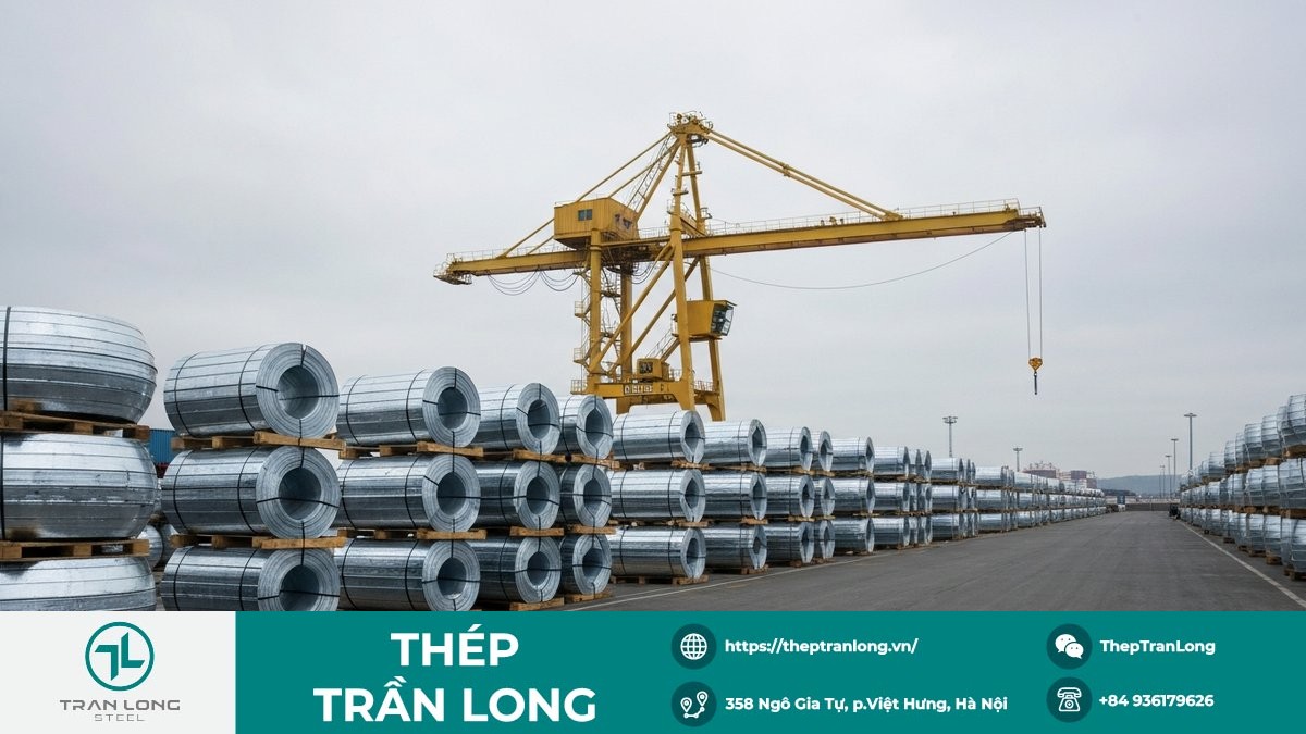 Cuộn thép HRC và tôn mạ tại cảng, minh họa xuất khẩu thép giảm năm 2025