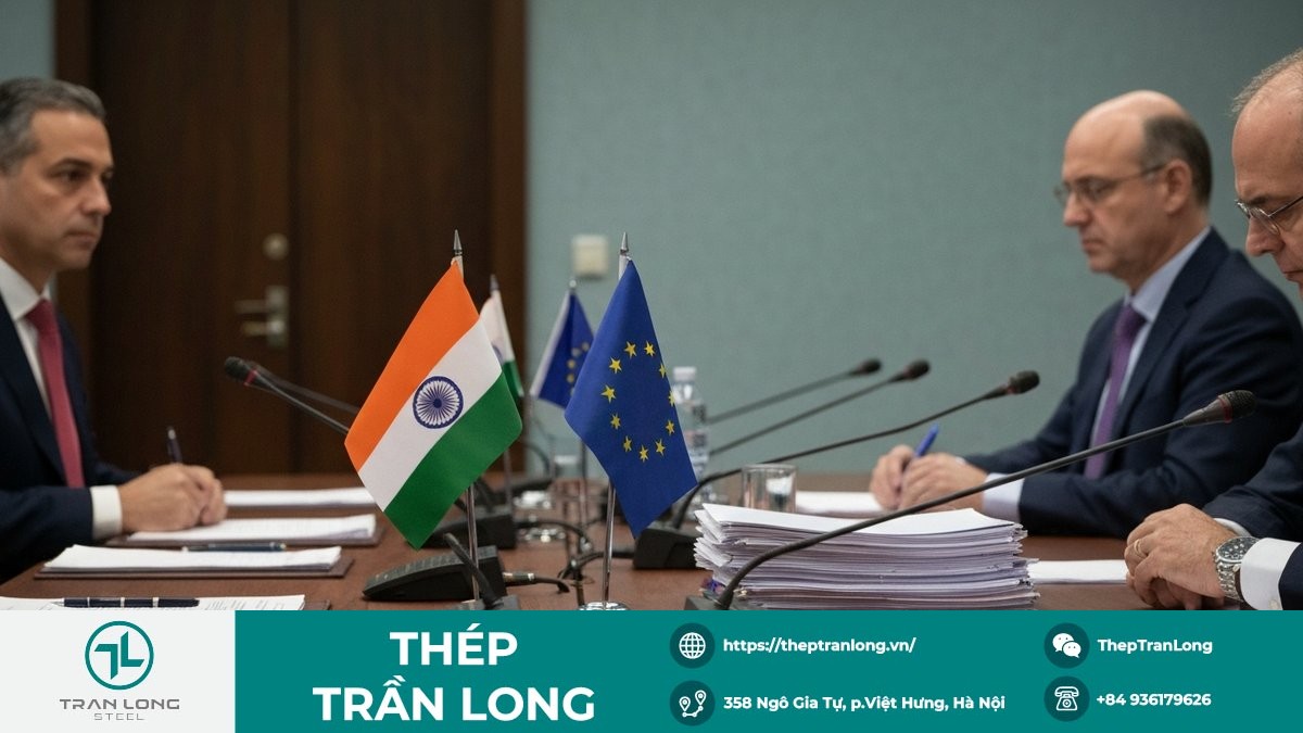 Bàn họp thương mại với cờ Ấn Độ và EU, thể hiện bối cảnh đàm phán và CBAM
