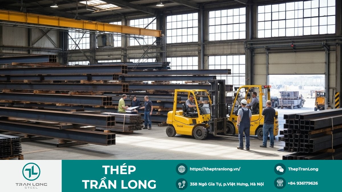 Kho thép công nghiệp với thép hình và thép tấm, thể hiện vai trò phân phối và logistics