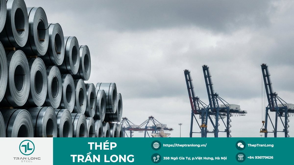 Thị trường thép thế giới 2025 và dòng chảy thương mại Thép cuộn tại cảng biển, minh họa thương mại thép toàn cầu năm 2025