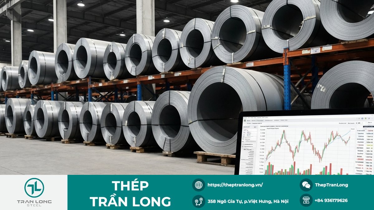 Giá HRC và quặng sắt: xu hướng 2025–2026 Thép cuộn cán nóng trong kho, minh họa biến động giá HRC và quặng sắt