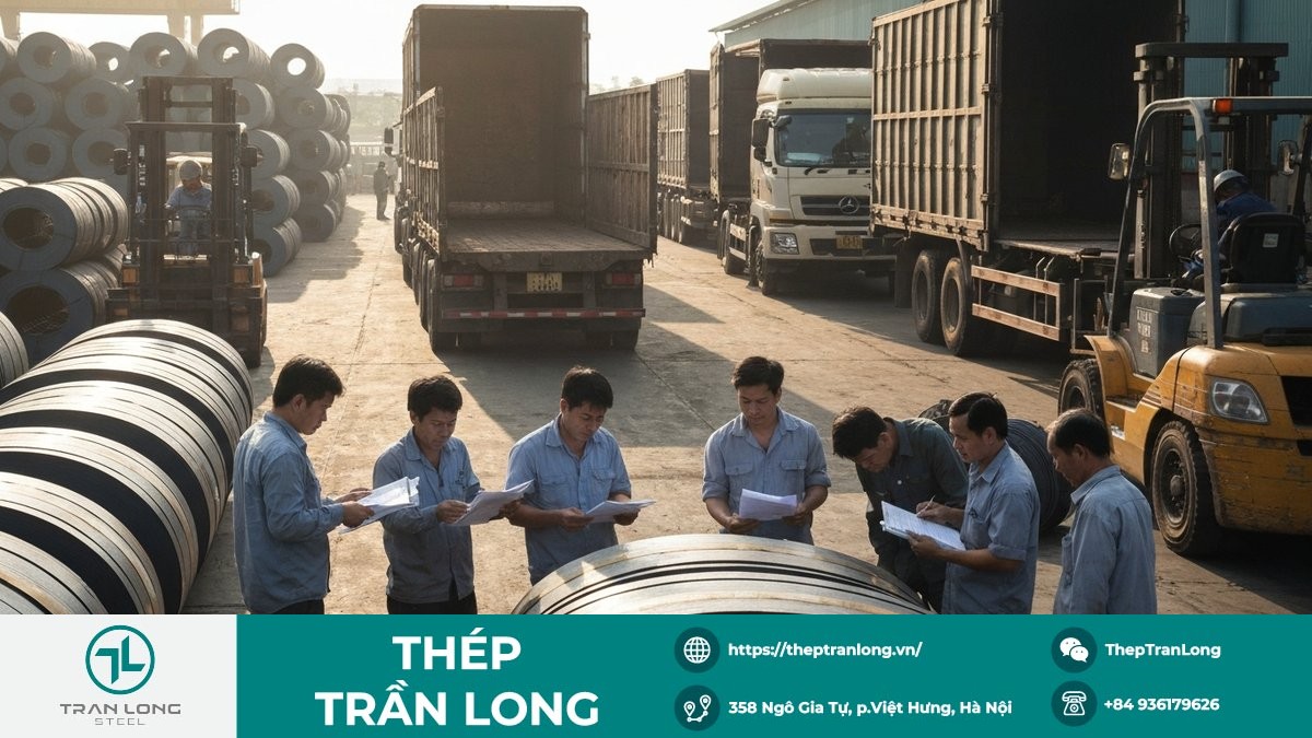 Tiêu thụ và xuất khẩu thép Việt Nam năm 2025 Hoạt động logistics thép tại bãi hàng, phản ánh tiêu thụ và xuất khẩu năm 2025