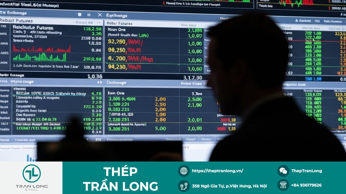 Màn hình theo dõi giá thép thanh và quặng sắt kỳ hạn trên các sàn giao dịch