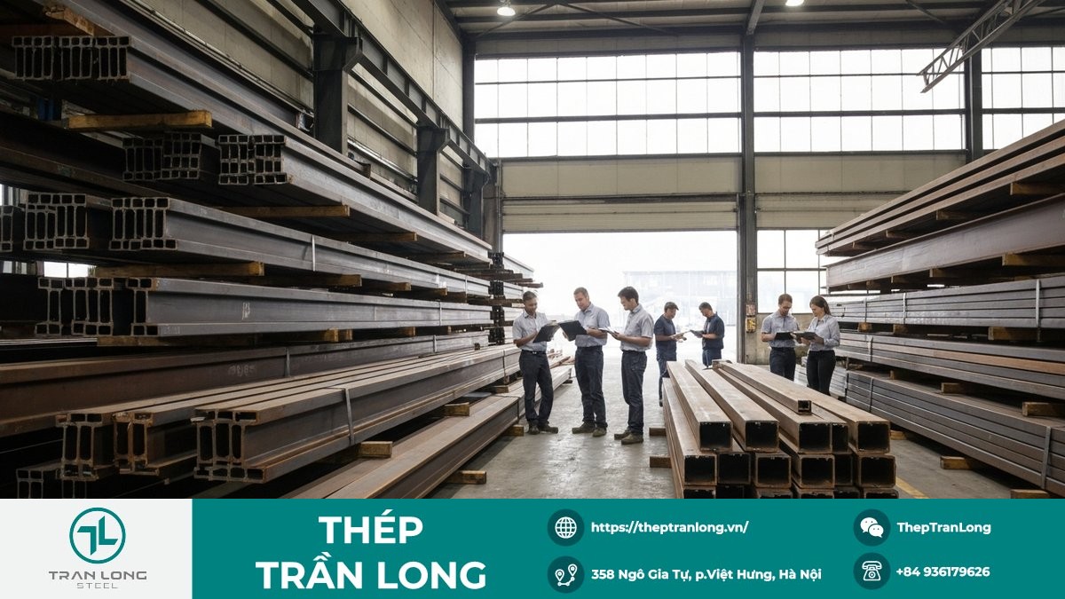 Kho thép công nghiệp và hoạt động kiểm kê logistics Kho thép công nghiệp với thép hình và thép tấm xếp lớp, phản ánh vai trò phân phối trong chuỗi cung ứng