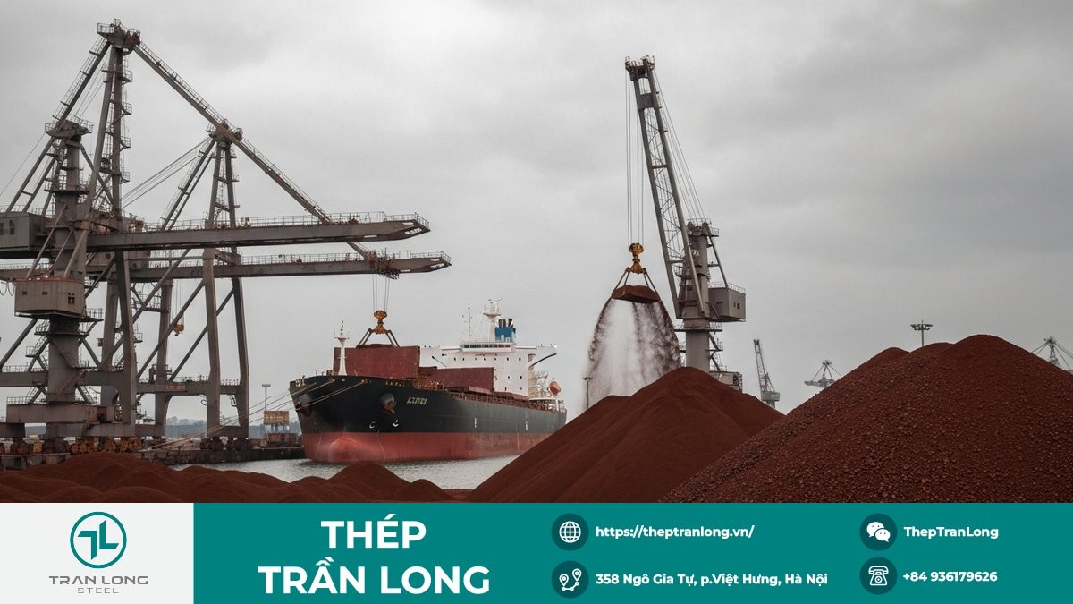 Bãi quặng sắt tại cảng châu Á với tàu hàng rời và cần cẩu