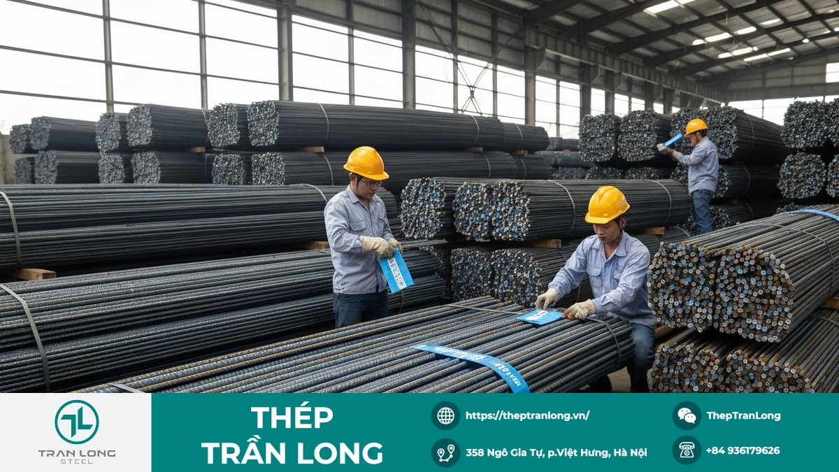 Thép xây dựng trong kho phân phối tại Việt Nam Các bó thép xây dựng xếp trong kho với tem nhãn và công nhân kiểm tra