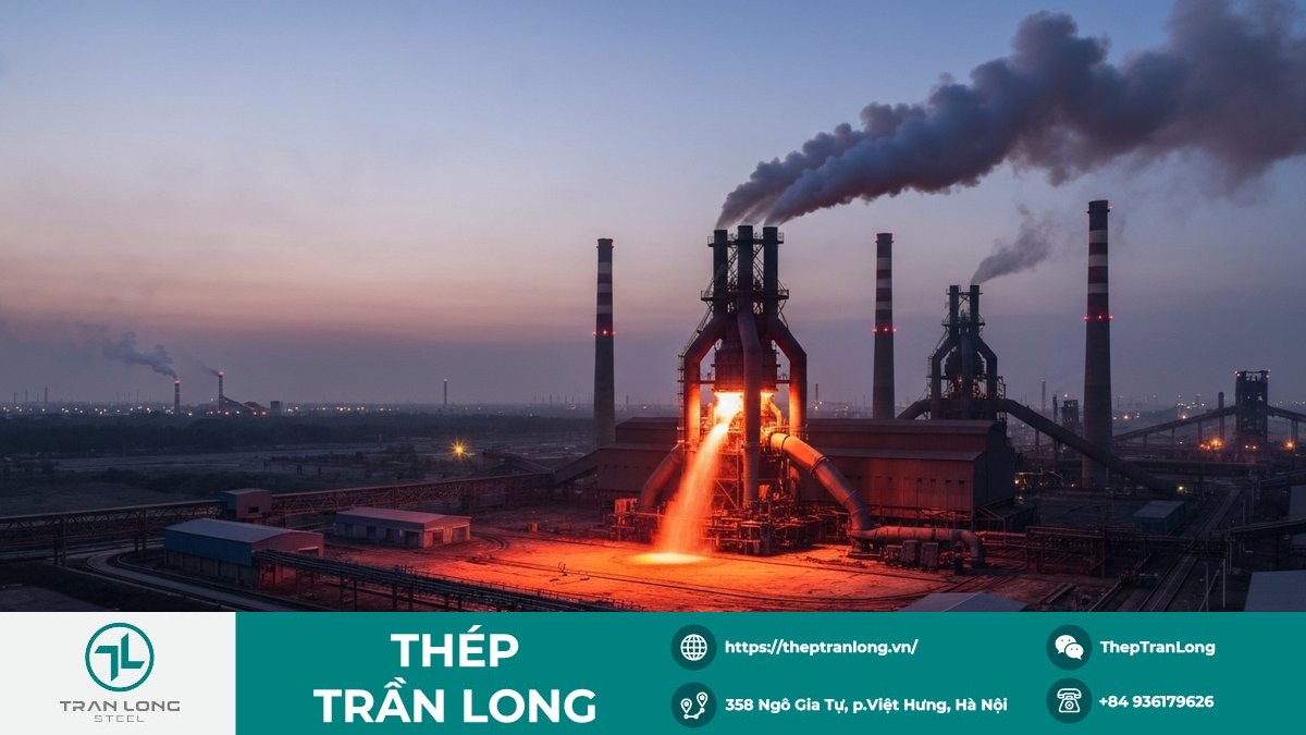 Hoạt động lò cao và sản xuất thép sau kỳ nghỉ Nhà máy thép với lò cao hoạt động trong khung cảnh công nghiệp lúc chạng vạng