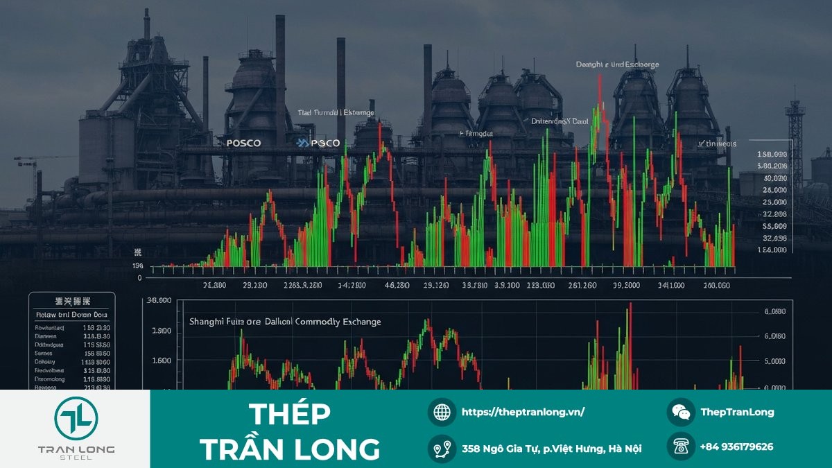Biểu đồ thể hiện sự biến động giá thép và quặng sắt trên các sàn giao dịch quốc tế ngày 30 tháng 3 năm 2026, cùng hình ảnh nhà máy thép Hàn Quốc.