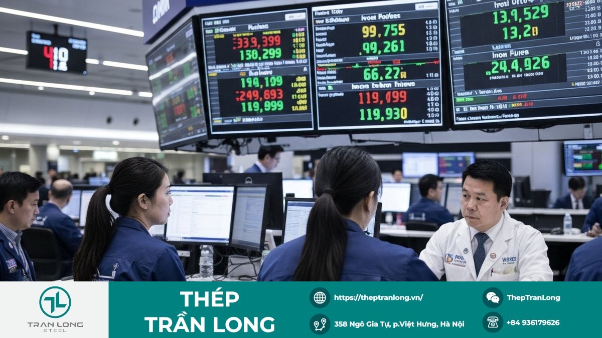 Màn hình giao dịch thể hiện giá thép thanh và quặng sắt kỳ hạn trên các sàn châu Á