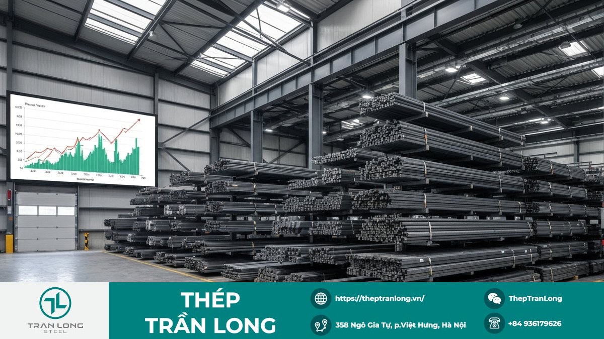 Hình ảnh thép cuộn và thép thanh trong kho, biểu đồ giá thép tăng trưởng