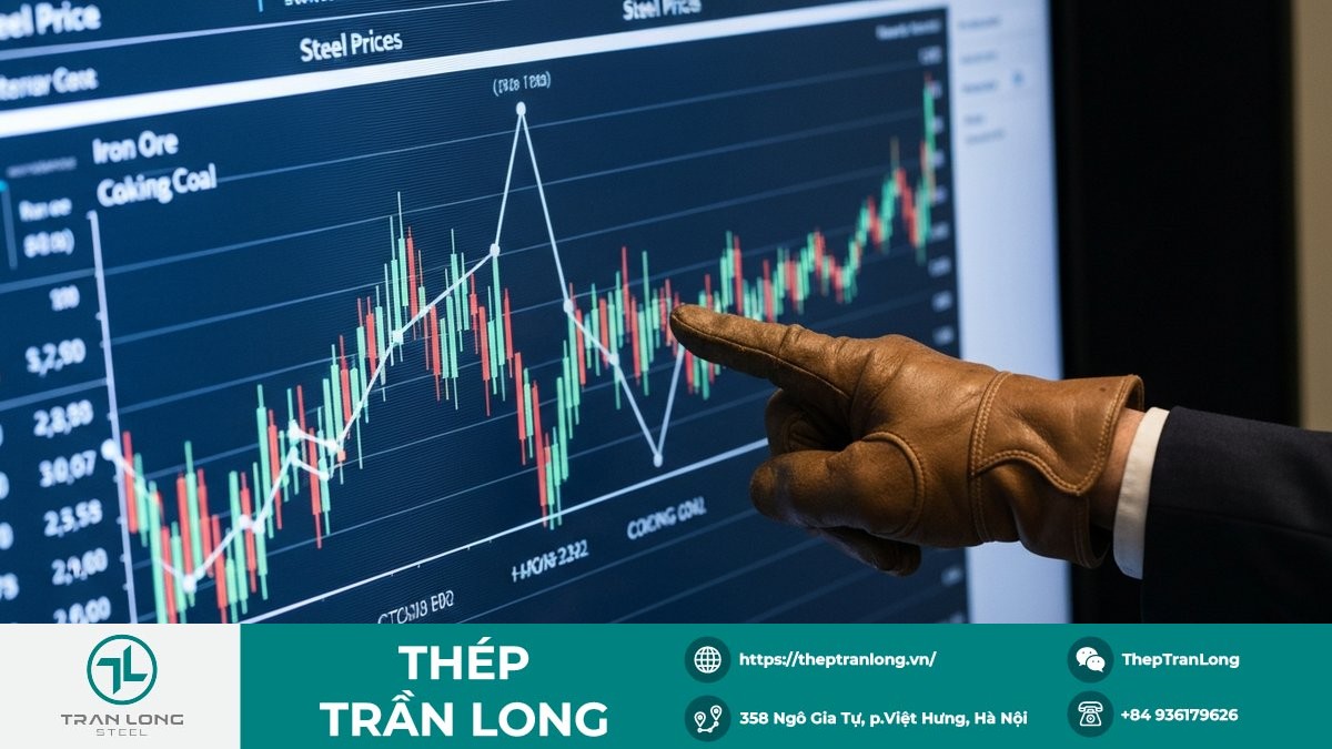 Biểu đồ giá quặng sắt và thép tăng cao, thể hiện áp lực chi phí