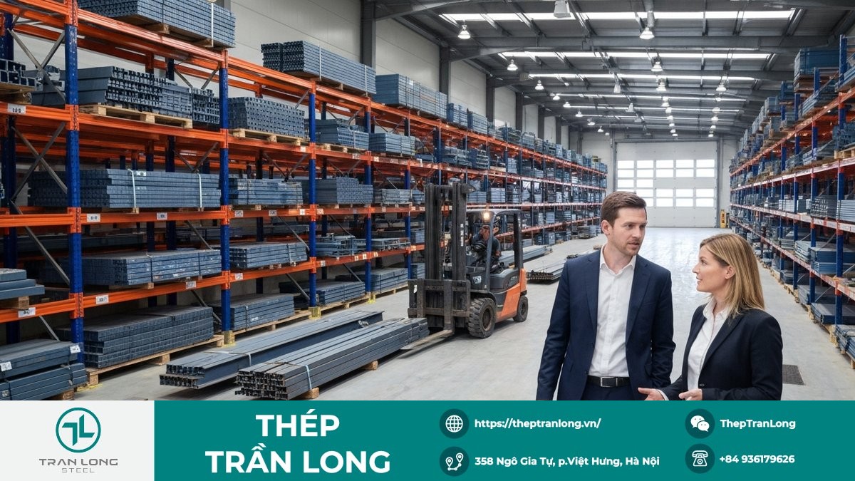 Kho hàng lớn của Thép Trần Long với đa dạng thép hình, thép tấm và thép kết cấu