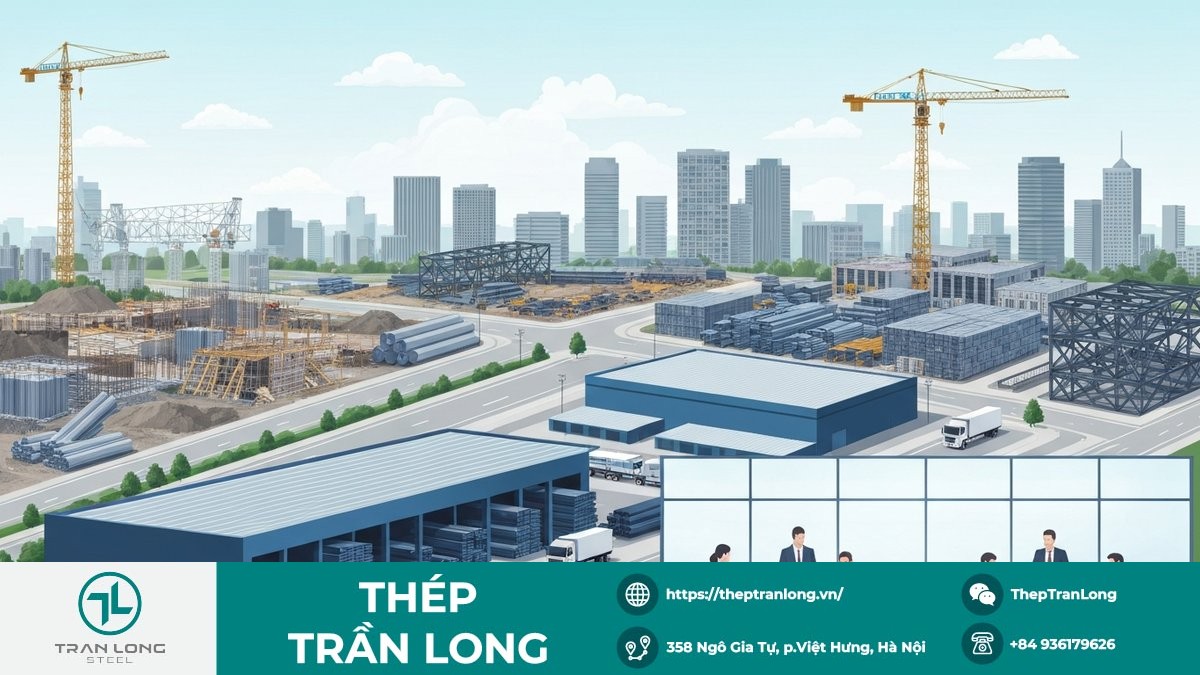 Hình ảnh dự án xây dựng, cơ sở hạ tầng và kho hàng thép lớn của nhà phân phối