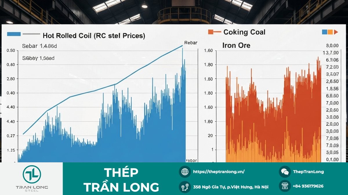 Thép Trần Long – Biến động giá thép và nguyên liệu Biểu đồ giá thép cuộn cán nóng, thép cây, quặng sắt và than cốc