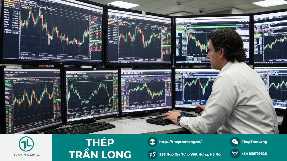 Màn hình theo dõi giá thép và quặng sắt kỳ hạn trên sàn giao dịch