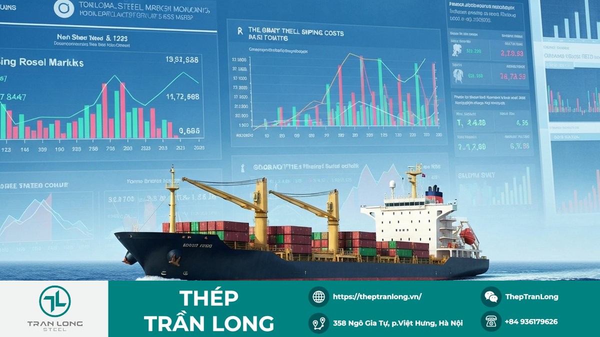 Biểu đồ giá thép thế giới và hình ảnh tàu chở hàng trên biển với chi phí vận tải tăng cao