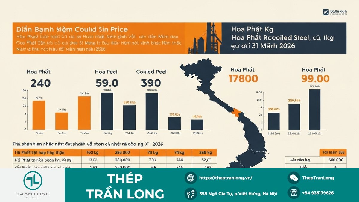 Bảng điều chỉnh giá thép xây dựng của Hòa Phát tại Việt Nam, cập nhật ngày 31/03/2026, bao gồm giá thép thanh vằn và thép cuộn
