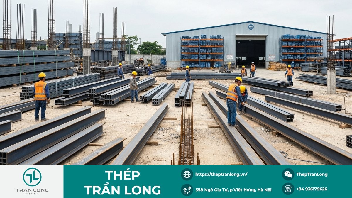 Công trường xây dựng tại Việt Nam với các loại thép hình, thép tấm và kho hàng lớn, thể hiện sự ổn định của thị trường thép trong nước.