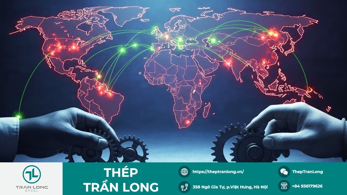 Chuỗi cung ứng quặng sắt toàn cầu với các rủi ro tiềm ẩn Hình ảnh khái niệm về chuỗi cung ứng quặng sắt toàn cầu với các điểm rủi ro và chiến lược quản lý.