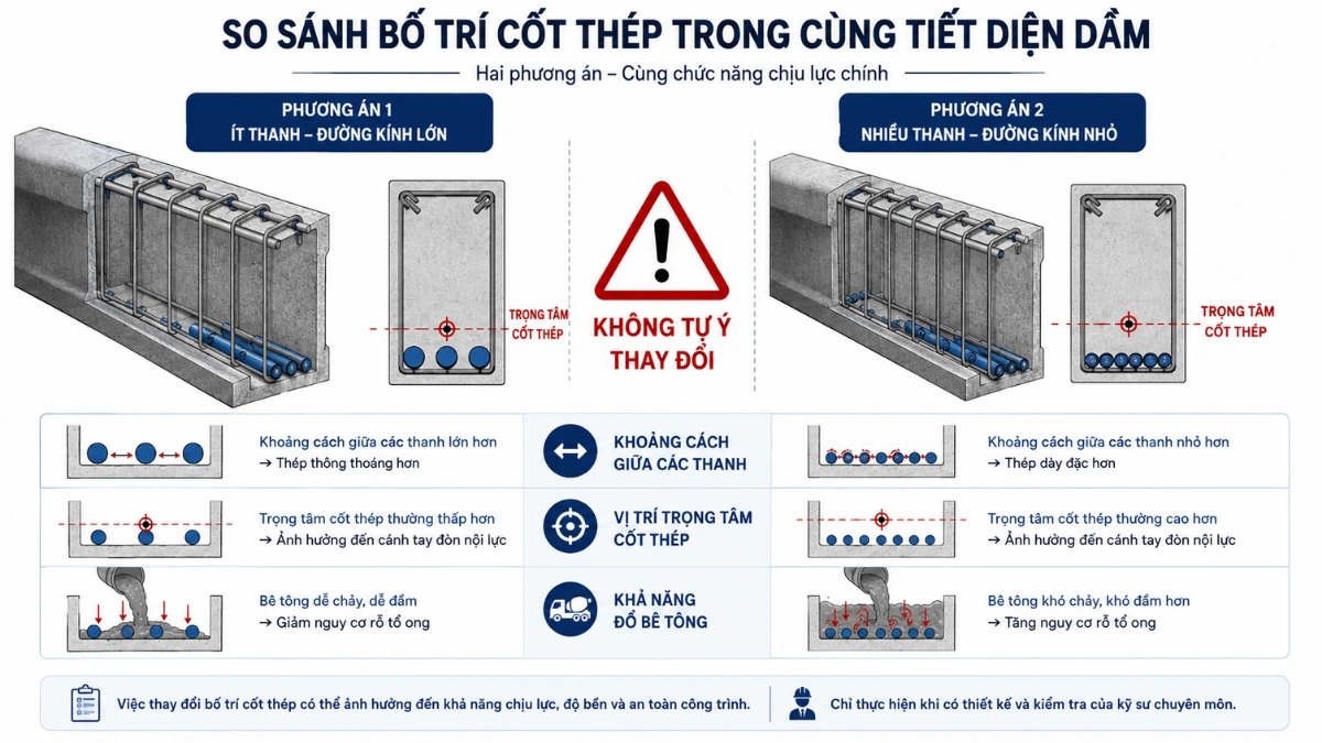 So sánh hai cách bố trí thép chủ có số lượng và đường kính khác nhau