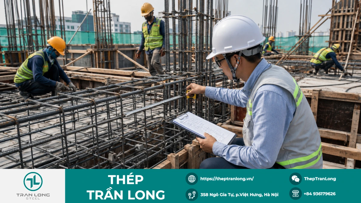 Kỹ sư kiểm tra hệ thép chủ trước khi đổ bê tông