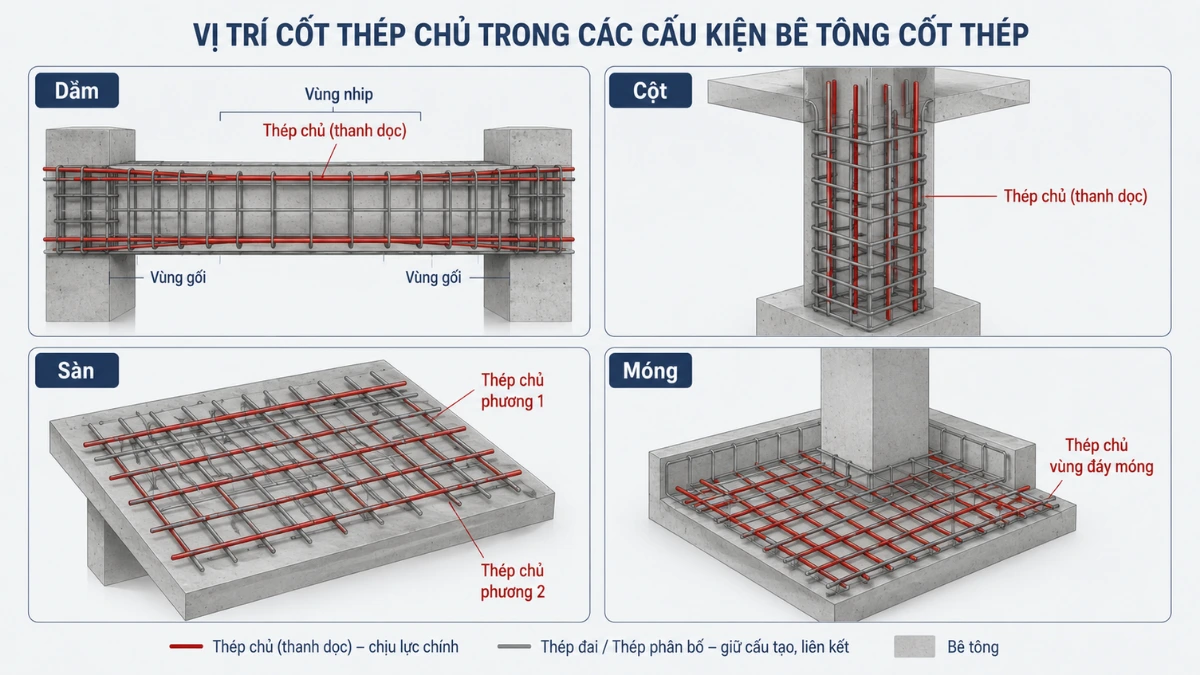 Vị trí thép chủ trong các cấu kiện bê tông cốt thép