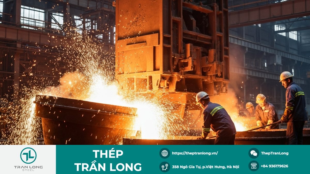 Hình ảnh quá trình sản xuất thép nóng trong nhà máy, tượng trưng cho sự phục hồi nhu cầu