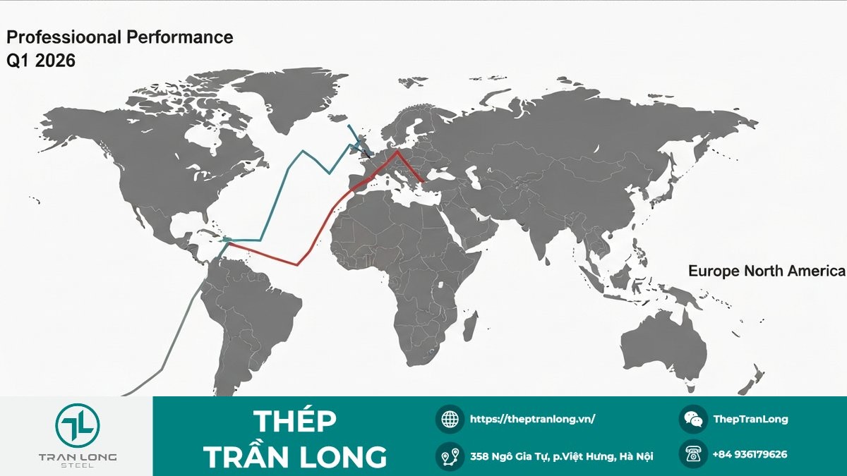 Bản đồ thế giới cho thấy sự phân hóa giá thép cán nóng HRC giữa các khu vực châu Âu, Mỹ (tăng) và Trung Quốc (phục hồi chậm) trong quý I/2026.