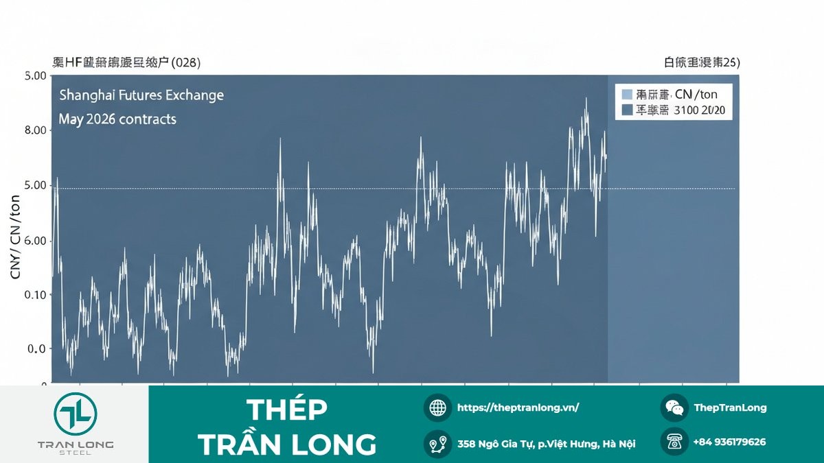 Biểu đồ thể hiện diễn biến giá thép thanh kỳ hạn tháng 5/2026 trên Sàn Thượng Hải (SHFE) vào ngày 06/04/2026