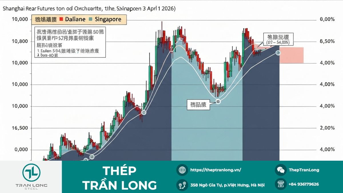 Biểu đồ giá quặng sắt và thép thanh kỳ hạn Sàn Đại Liên, Singapore, Thượng Hải ngày 03/04/2026